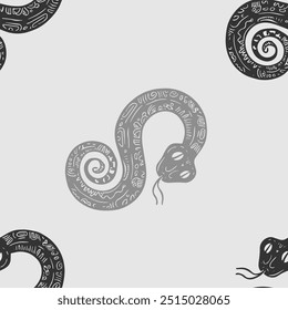 Seamless vector pattern with snakes in the form of 8 or infinity, the animal symbol of 2025. Simple doodle style. Grid