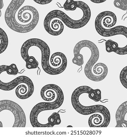 Seamless vector pattern with snakes in the form of 8 or infinity, the animal symbol of 2025. Simple doodle style. Grid