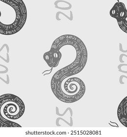 Seamless vector pattern with snakes in the form of 8 or infinity, the animal symbol of 2025. Simple doodle style. Grid