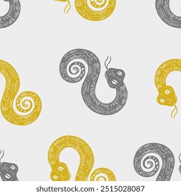 Seamless vector pattern with snakes in the form of 8 or infinity, the animal symbol of 2025. Simple doodle style. Grid