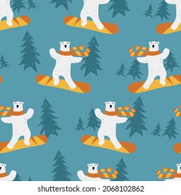 Seamless vector pattern of snowboarding Polar bear on blue background