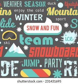 Seamless vector pattern with snowboarding stuff and words, dark version. Flat style: seamless pattern on snowboarding and skiing theme. Snowboarding template for design. Snowboarding seamless pattern