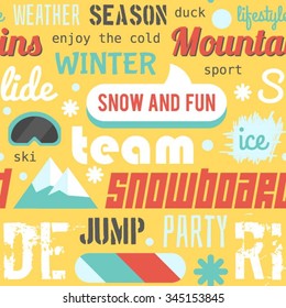 Seamless vector pattern with snowboarding stuff and words, yellow version. Flat style: seamless pattern on snowboarding and skiing theme. Snowboarding template for design. Snowboarding vector pattern