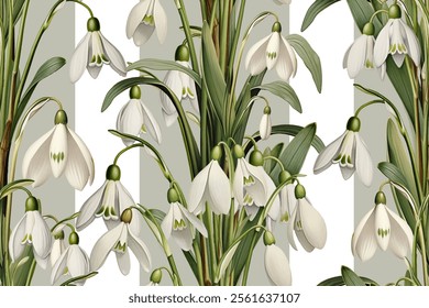 Seamless vector pattern with snowdrop flowers isolated on a changeable background. Vintage painting style illustration.