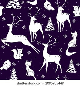 Seamless vector pattern with snowflakes, deer, fox, squirrel and bird.