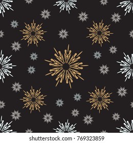 Seamless vector pattern from snowflakes of the different sizes against a dark background. Vector color background.