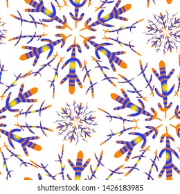 Seamless vector pattern with snowflakes, gradient blue and orange. For winter theme design, fabric print, christmas invitations, new year greeting cards.