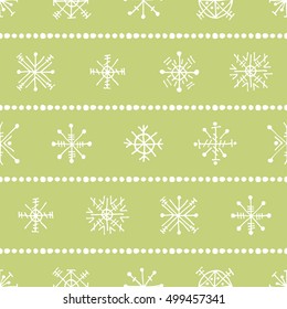 Seamless vector pattern with snowflakes. Green winter background with decorative hand drawn snow flakes. Graphic illustration. Series of winter seamless vector patterns.