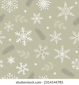 Seamless vector pattern with snowflakes, leaves, and spruce. Green drawn illustration background. For fabrics, wrapping paper, and wallpapers.