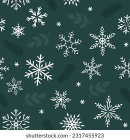 Seamless vector pattern with snowflakes, leaves, and spruce. Green Christmas drew illustration background. For fabrics, wrapping paper, and wallpapers.