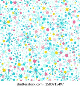 Seamless vector pattern with snowflakes, stars and confetti.