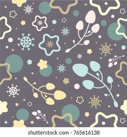 Seamless vector pattern with snowflakes, stars and branches on dark background. Winter decoration. Fabric design. Template for wrapping paper and christmas background.