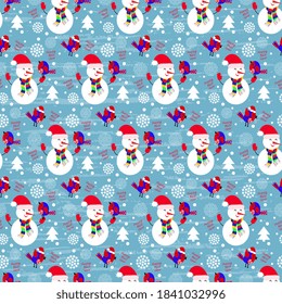 Seamless vector pattern with snowman, birds, spruce, stars, snowflakes, inscription Happy New Year for covering and wrapping background.