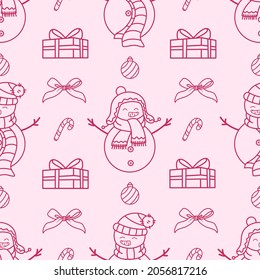 Seamless vector pattern with snowmen and Christmas theme doodle elements. Cute hand drawn outline winter background for kids room decor, card, package, wrapping paper, textile, fabric, wallpaper, gift