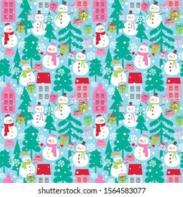 Seamless vector pattern with snowmen, houses, trees and gift boxes.