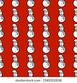 Seamless vector pattern with snowmen on a red background, for hoop, surface, packaging, greeting card. Simple illustration of hand made, artistic.