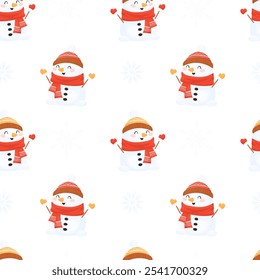 Seamless vector pattern with snowmen, on a white background. Vector snowmen in hats and scarves on a white background decorated with snowflakes. Ideal for creating fabrics, Christmas paper