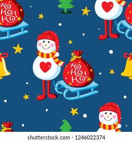 Seamless vector pattern with snowmen, sledge, gift sack, Christmas trees, bells and snowflakes on a night sky background. Christmas background design Illustration.