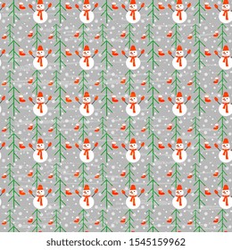 Seamless vector pattern with snowmen, spruces, snowfall, textured, artistic. Surface, packaging, cards, wallpaper. Winter art illustration.