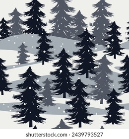 Seamless vector pattern with snowy fir forest. Winter woodland with pine trees. New Year, Christmas, holidays gray texture with fir tree for print. Vector illustration.
