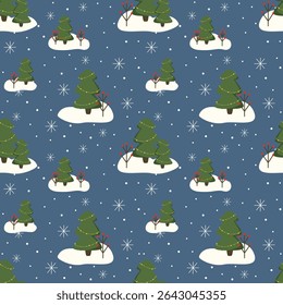 Seamless vector pattern with snowy trees, frost, and snowflakes. Winter landscape design with a serene, frosty background. Perfect for textiles, gift wrapping, home decor, and seasonal marketing