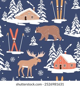 Seamless vector pattern with snowy woodhouse, ski equipment, moose and bear. Hand drawn winter forest landscape. EPS 10 vector file. Perfect for textile, wallpaper or print design.