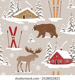 Seamless vector pattern with snowy woodhouse, ski equipment, moose and bear. Hand drawn winter forest landscape. EPS 10 vector file. Perfect for textile, wallpaper or print design.