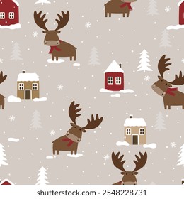 Seamless vector pattern with snowy woodhouse, moose or deer. Hand drawn winter forest landscape.