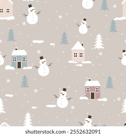 Seamless vector pattern with snowy woodhouse, snowman and tree. Hand drawn winter forest landscape.