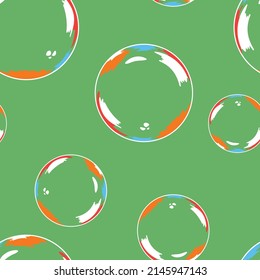 Seamless Vector Pattern With Soap Bubbles On Green Background. Fun Happy Child Wallpaper Design. Decorative Foam Ball Fashion Textile.