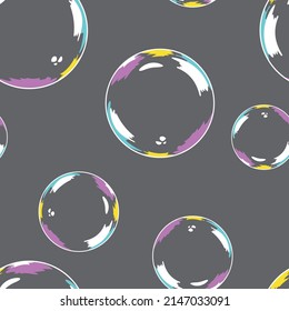 Seamless vector pattern with soap bubbles on grey background. Fun foam circle wallpaper design. Decorative happy fashion textile.