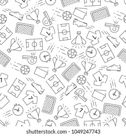 Seamless vector pattern with soccer equipment. Ball, football field, boots, T-shirt, gates, cup, red and yellow card, whistle, stopwatch. Line design objects.