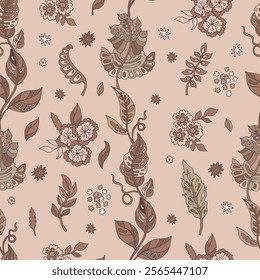 A seamless vector pattern of soft botanical elements and floral details in Mocha Mousse shades. Ideal for textiles, wallpapers, and digital designs.
