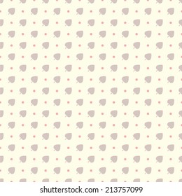 Seamless vector pattern in soft colors. Pale beige leaves and pink polka dots on light background. Simple delicate minimalistic design. 