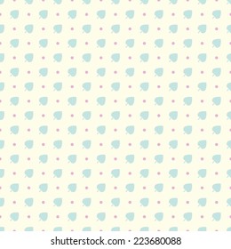 Seamless vector pattern in soft colors. Pale blue leaves and pink polka dots on light background. Simple delicate minimalistic design. 