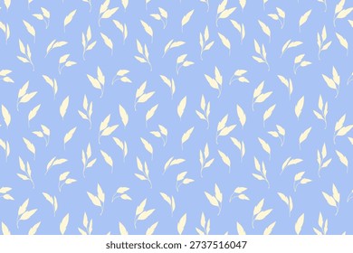 Seamless vector pattern with soft cream leafy branches on a light periwinkle background, creating a delicate, airy and modern botanical design for textiles, packaging and decor