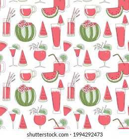 Seamless vector pattern. Soft drinks, watermelons and watermelon slices on a white background. Suitable for backgrounds, wrapping paper, textiles