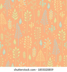 Seamless vector pattern with soft forest on pink background. Simple decorative wallpaper design with branches. Gentle girly fashion textile.