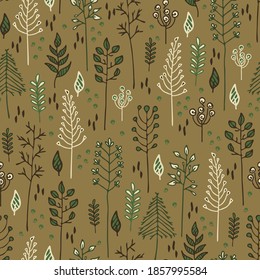 Seamless vector pattern with soft forest on beige background. Simple woodland wallpaper design. Decorative field fashion textile.
