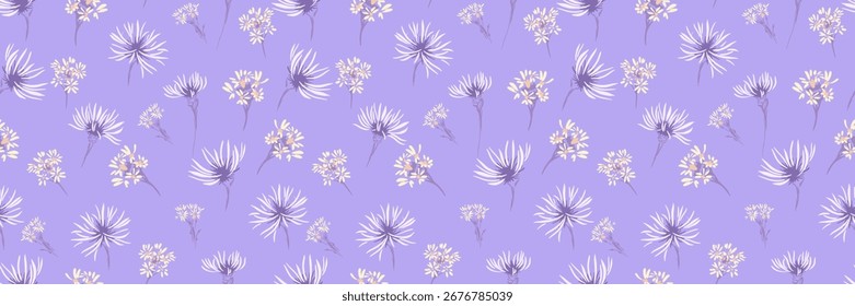 Padrão de vetor sem costura com fundo de lavanda macia e flores silvestres delicadas em tons de amarelo claro e lilás. Design floral elegante para tecidos, papel de parede e decoração