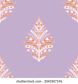 Seamless vector pattern with soft native feathers on purple background. Simple gentle dream wallpaper design. Decorative romantic pastel fashion textile.