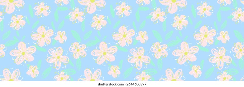 Seamless vector pattern with soft pastel flowers and mint green leaves on a light blue background. Hand drawn crayon texture gives a dreamy, childish and fresh springtime feel
