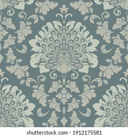 Seamless vector pattern soft romantic damask wallpaper. Victorian style peacock on grey blue background. Vintage decorative fashion textile with bird.