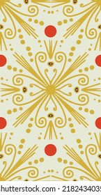 Seamless vector pattern with sophisticated handdrawn Christmas stars in vintage yellow on a retro beige background with red Christmas tree balls.