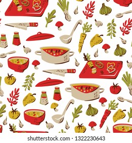 Seamless Vector Pattern with Soup Ingredients on White Background