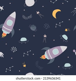  Seamless vector pattern. Space background illustration with stars and rocket.