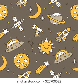 Seamless vector pattern of space icons on gray background, hand-drawn.