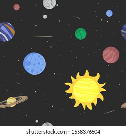 Seamless vector pattern with space, planets, the sun, comets, shooting stars. Vector cartoon pattern in flat style for printing, web-design, wallpapers, wrapping paper