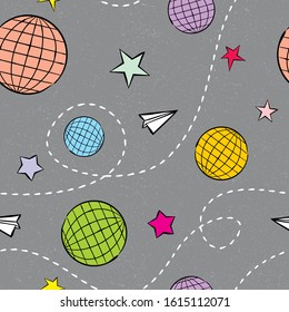 Seamless vector pattern with space, planets, planes and stars. Childish hand-drawn illustration. Gray background with bright globes and stars for cover or textile.