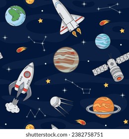 Seamless vector pattern Space. Planets and spaceships, stars and constellations in space. Children's pattern 